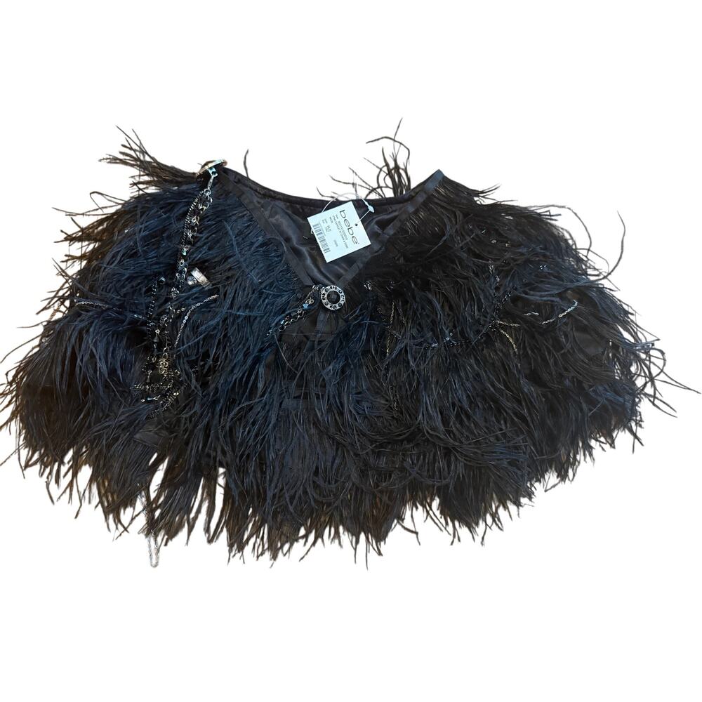 NWT Bebe Vintage Y2K Black Feather Capelet w/Chain & Gems RARE STATEMENT PIECE